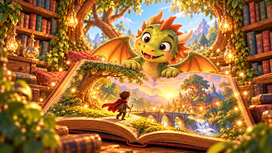 Flicker the dragon leaning over an open storybook with a whole world growing out of its pages